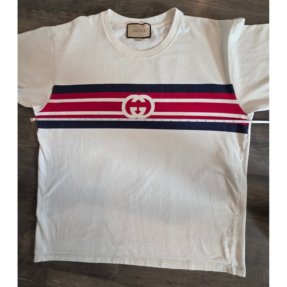 Gucci Off White Red Blue Stripe Logo T Shirt Men's sz L Made in Italy Luxury - Picture 5 of 13